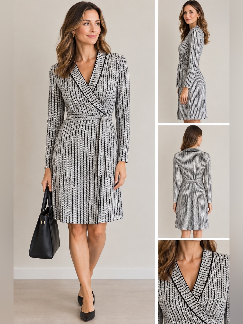 Banana Republic Black and White Striped Wrap Midi Dress